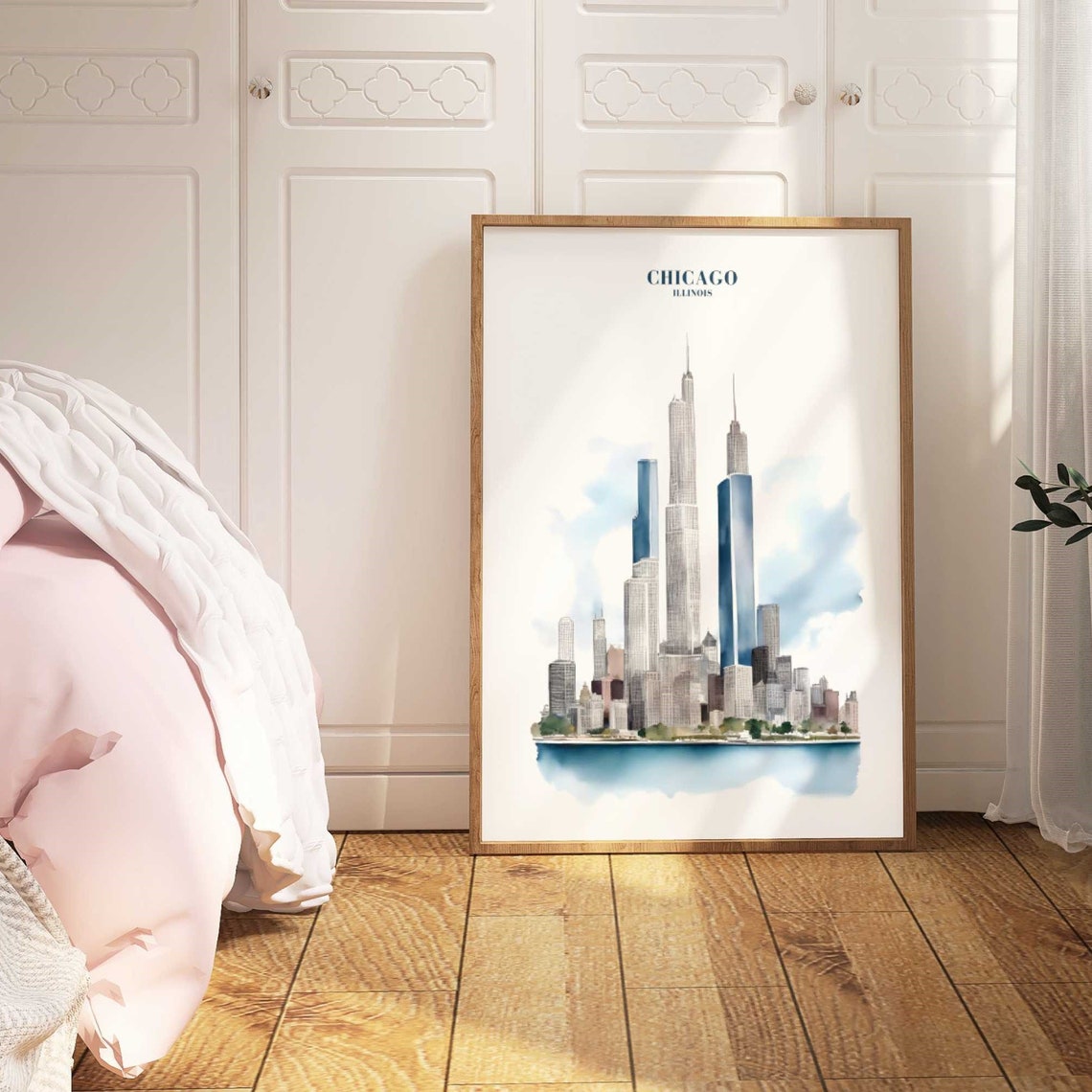 Chicago City Travel Print Art Pink Blue Chicago Travel Exhibition Print Trendy Wall Print Cityscape Travel Posters Usa - Image 3