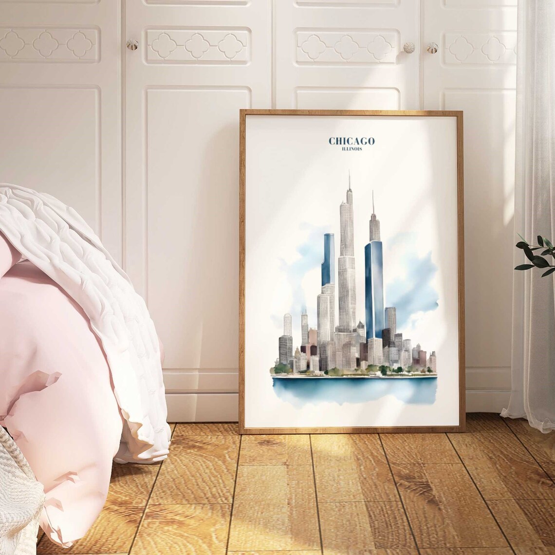 Chicago Illinois Watercolor Skyline Pink Blue Travel Poster Art - Image 3