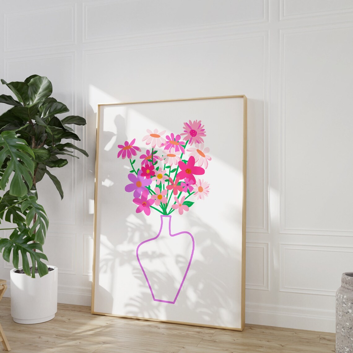 Pink Flower Bouquet Vase Line Art Dopamine Floral Wall Poster - Image 3
