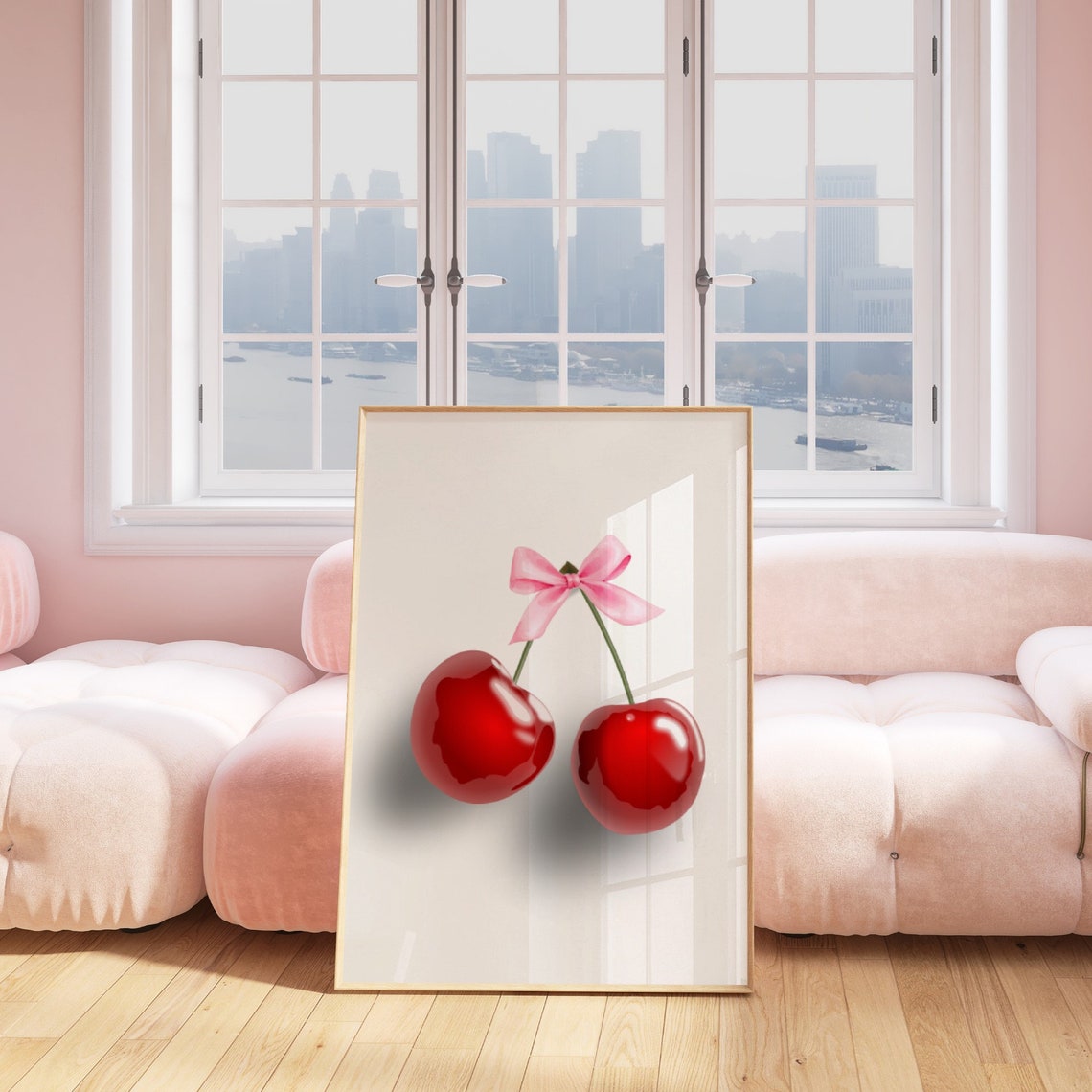 Red Cherries Pink Bow Coquette Glossy Fruit Poster Fun Home Decor - Image 2