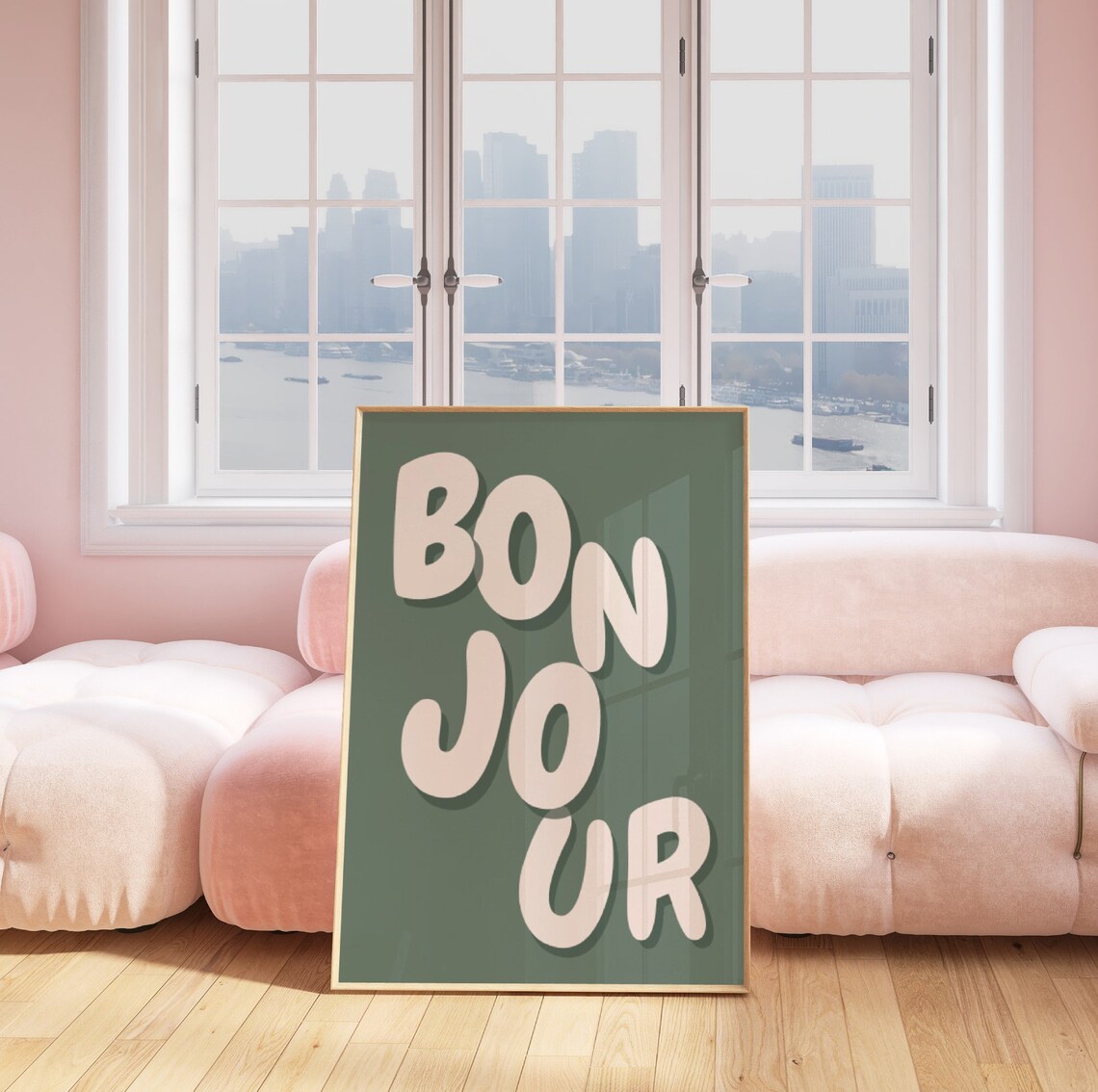 Bon Jour Sage Green Typography Poster French Phrase Neutral Room Decor - Image 3