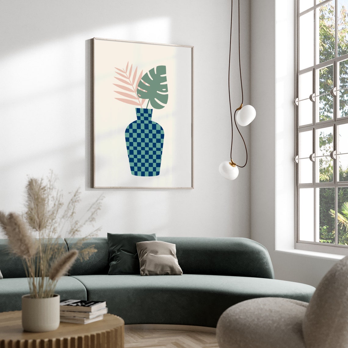 Checkered Blue Vase with Monstera Leaf Boho Botanical Art Poster - Image 2