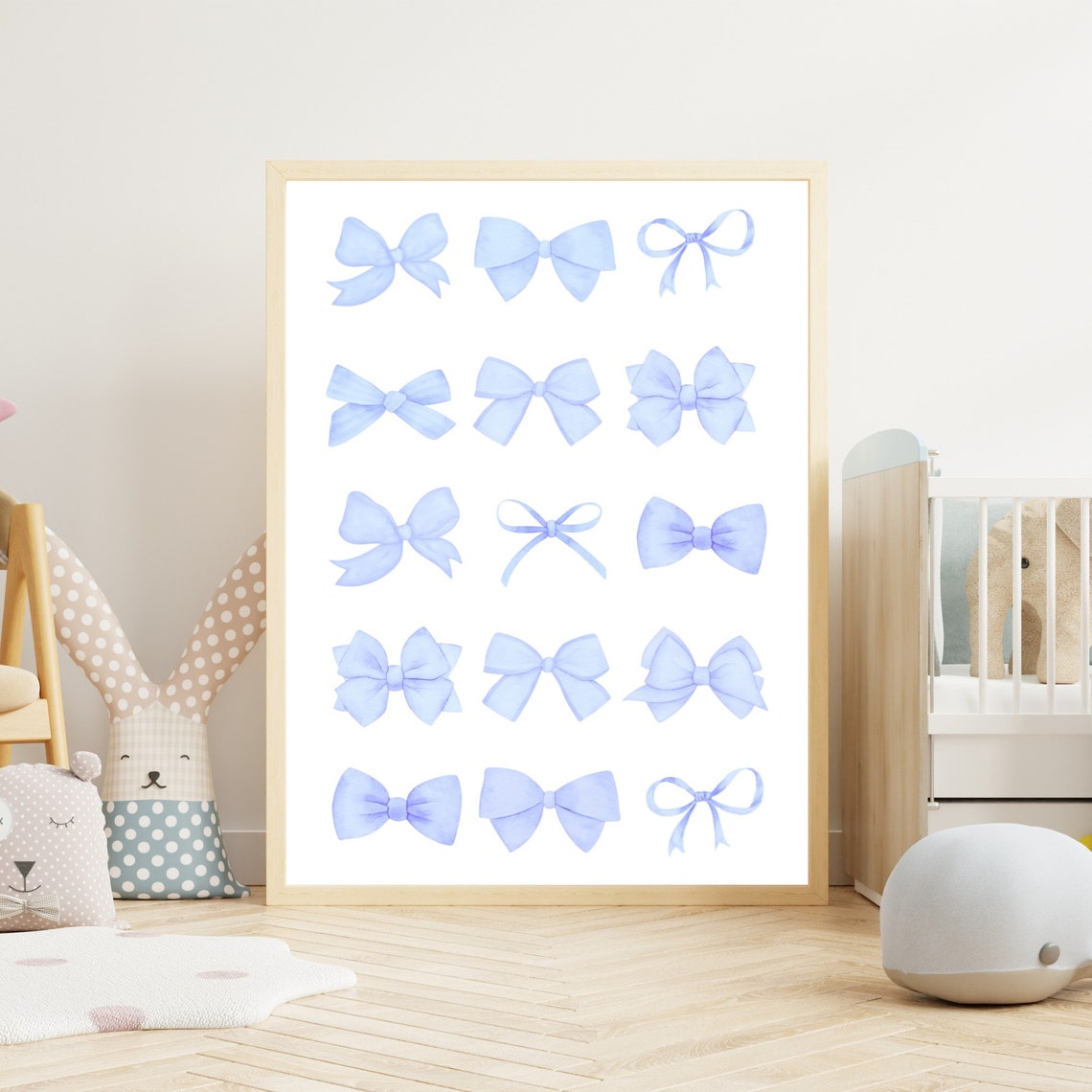 Periwinkle Blue Watercolor Bow Grid Preppy Coquette Art Poster - Image 2