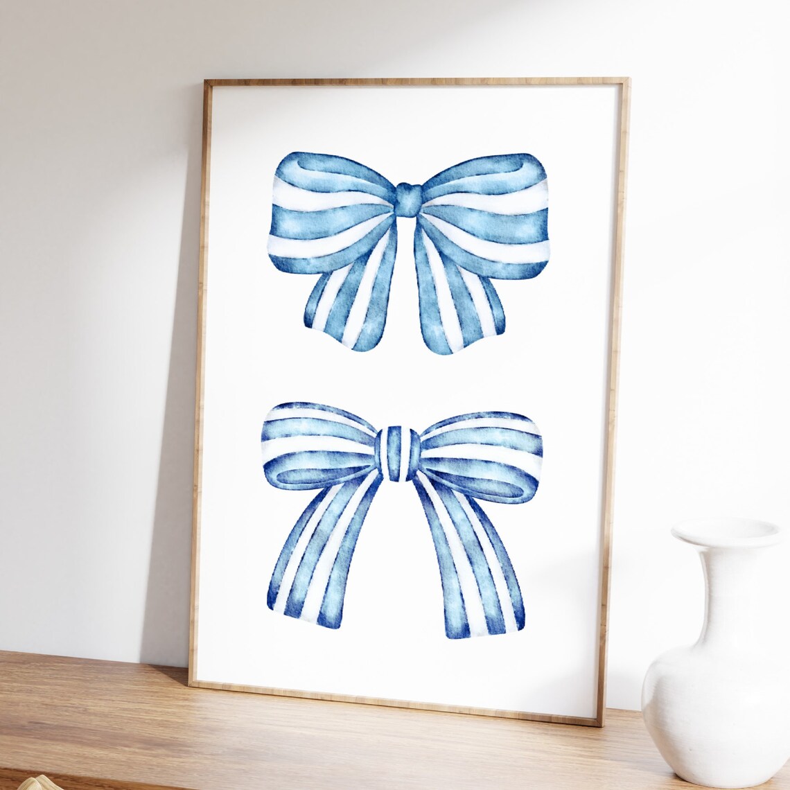 Blue Striped Watercolor Bows Duo Coastal Preppy Teen Room Poster - Image 2
