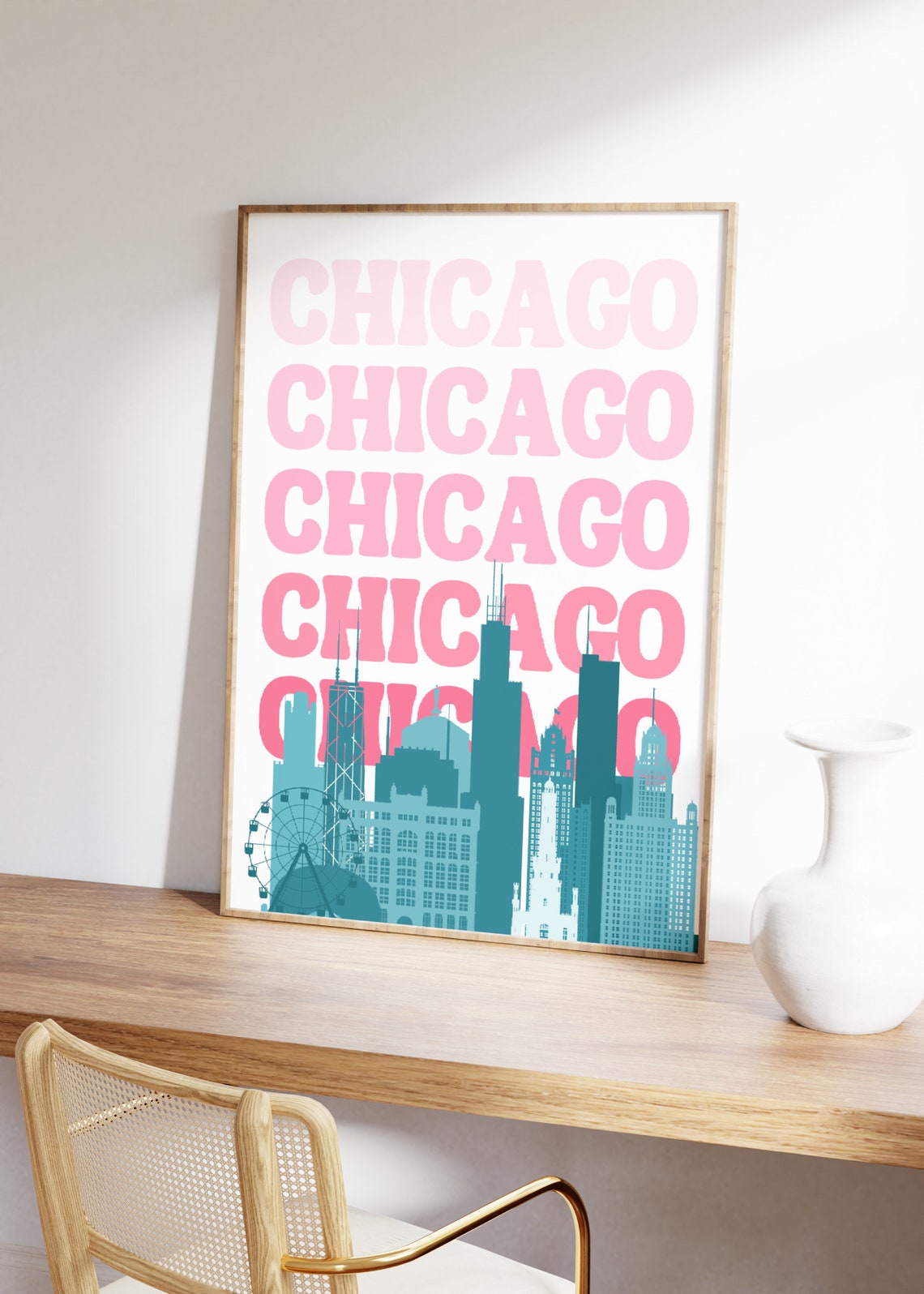 Chicago Skyline Teal Illustration Pink Typography Retro City Poster - Image 2