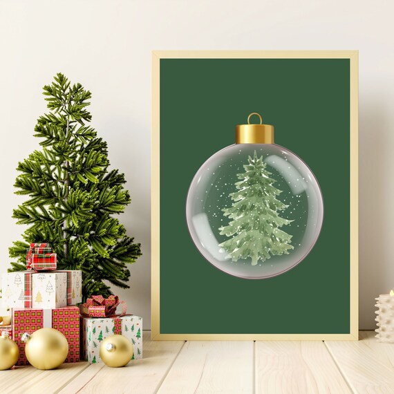 Christmas Bauble Snow Globe Pine Tree Sage Green Holiday Poster