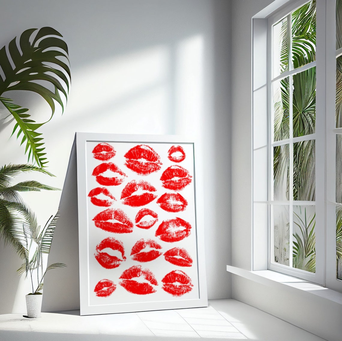 Red Lipstick Kiss Marks Grid White Retro Lips Collage Art Poster - Image 2