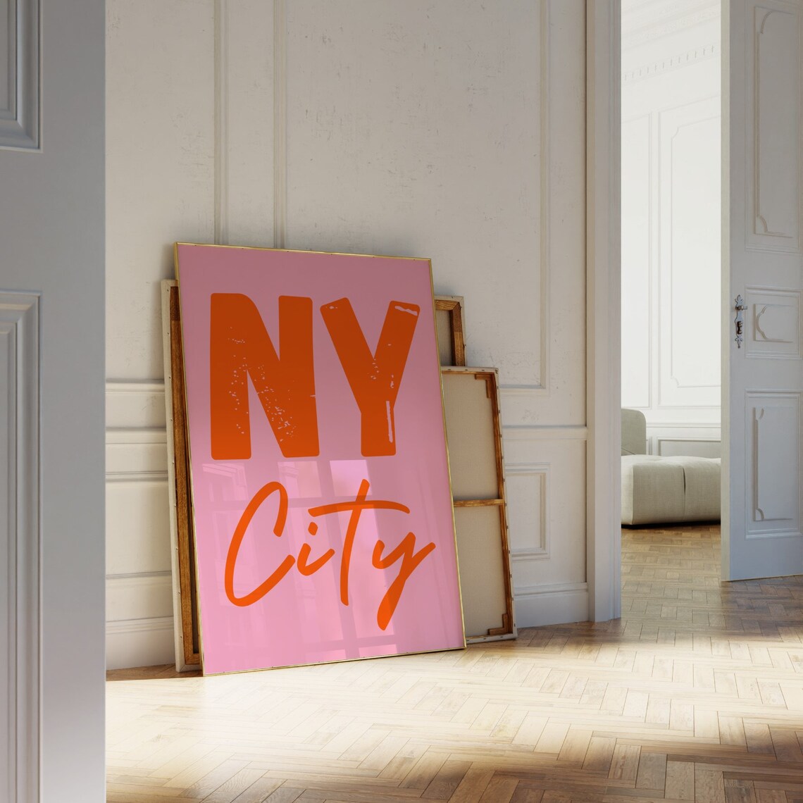 NY City Orange Retro Lettering Pink Bold Travel Typography Poster - Image 2