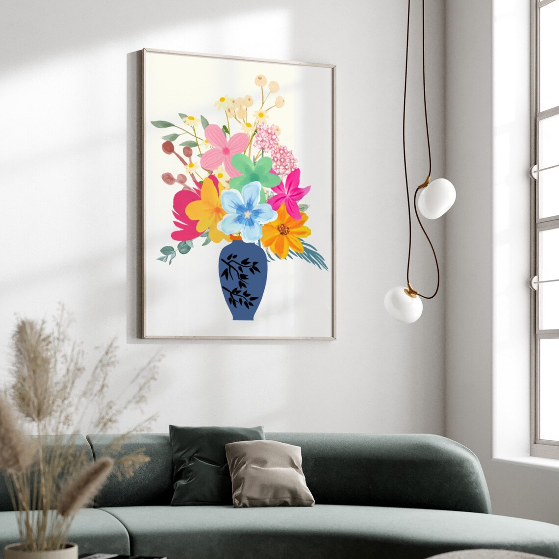 Colorful Bouquet Blue Vase Flower Market Retro Poster Chic Home Decor - Image 2