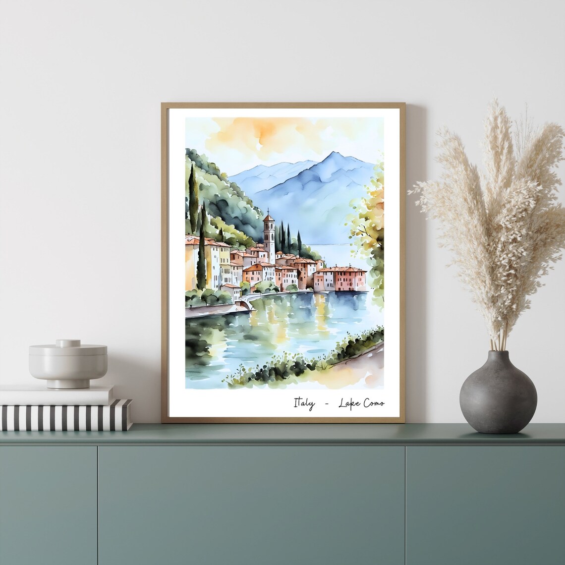 Italy Lake Como Watercolor Sunset Travel Village Landscape Poster