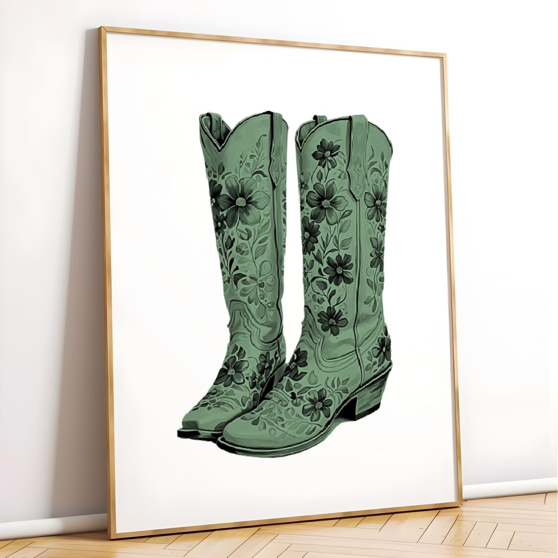 Sage Green Cowboy Boots Art Print, Coastal Cowgirl - Image 3