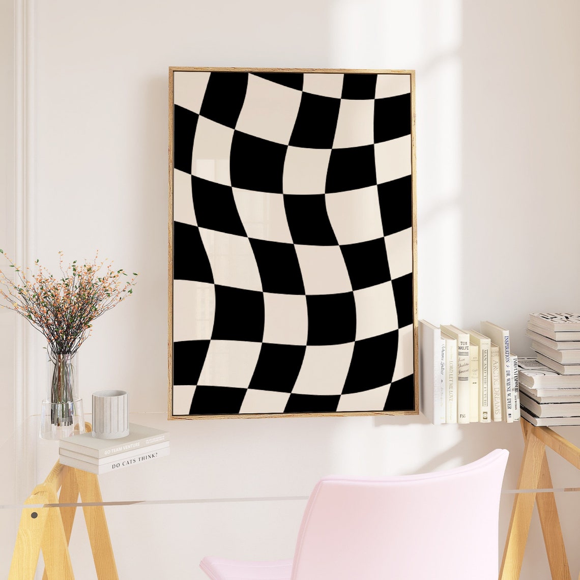 Black White Checkerboard Wavy Check Retro Funky Modern Poster - Image 2