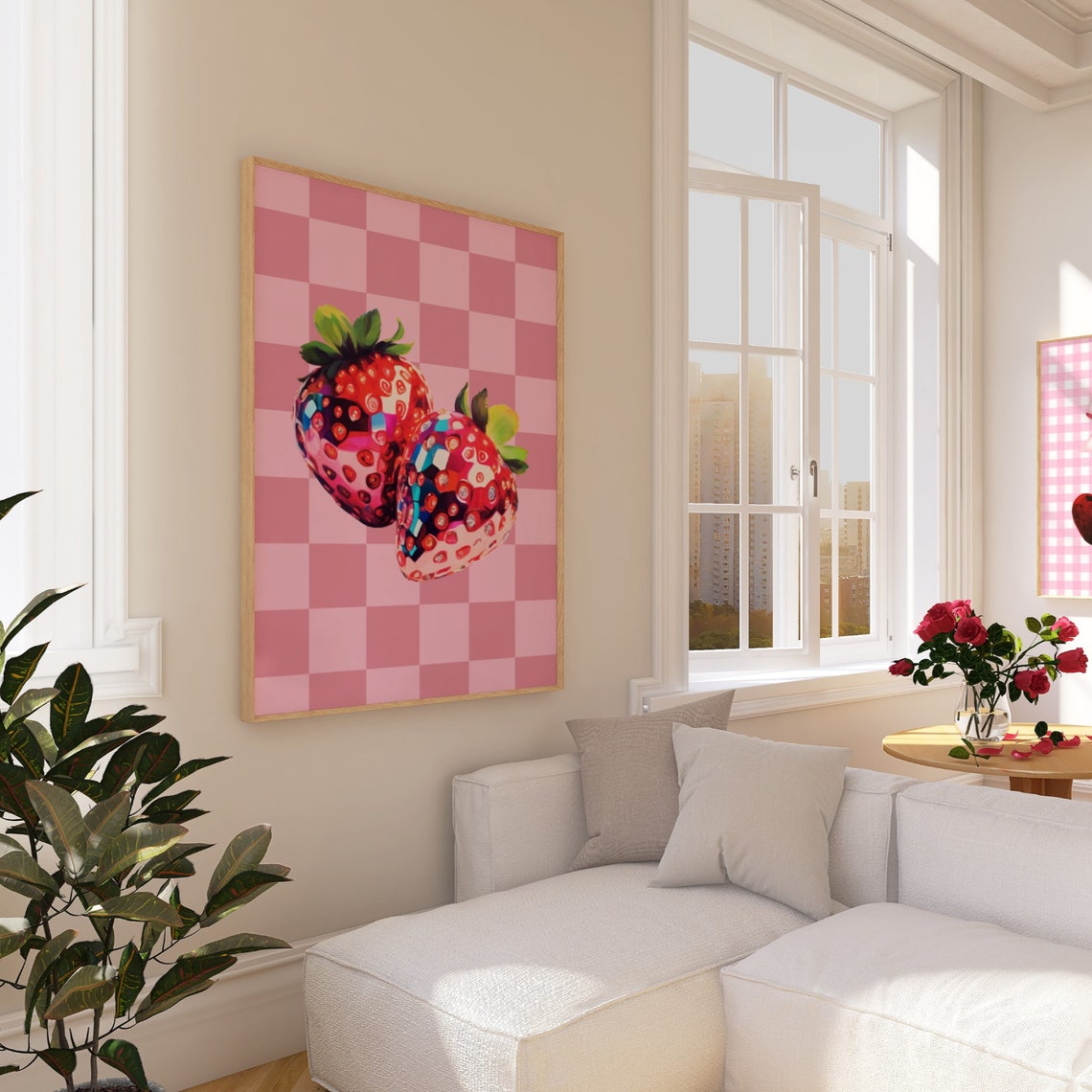 Disco Mosaic Strawberry Duo Pink Checkered Fruit Pop Art Poster - Image 2