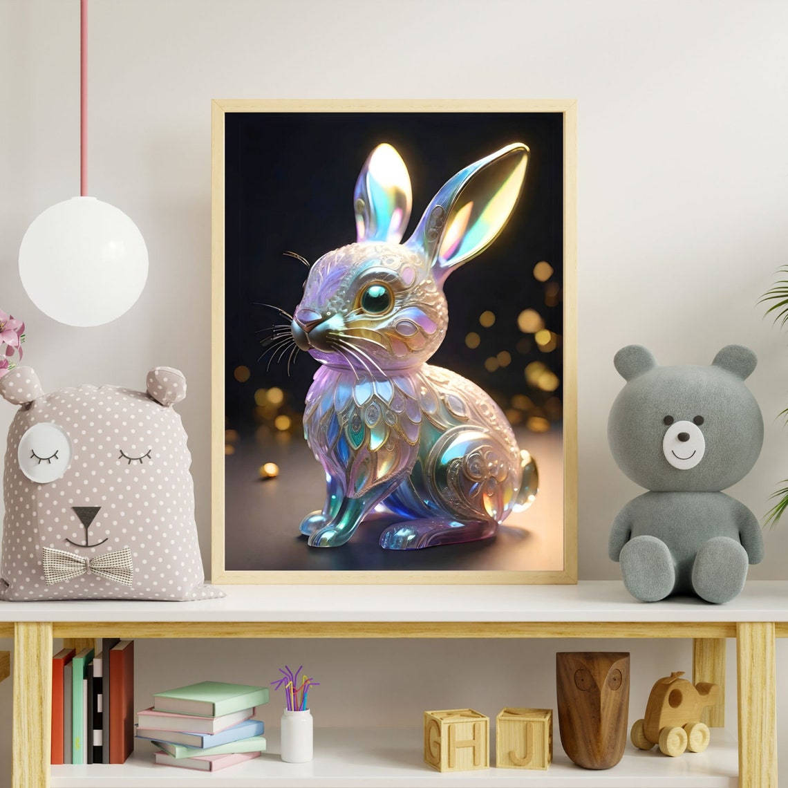 Iridescent Glass Bunny Rabbit Black Background Fantasy Cute Art Poster - Image 2