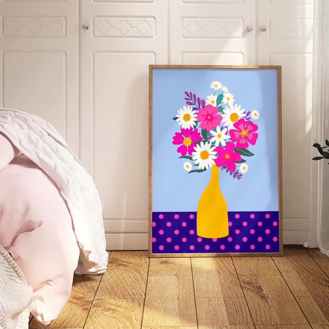 Daisy Bouquet Yellow Vase Polka Dot Table Bold Floral Poster - Image 3
