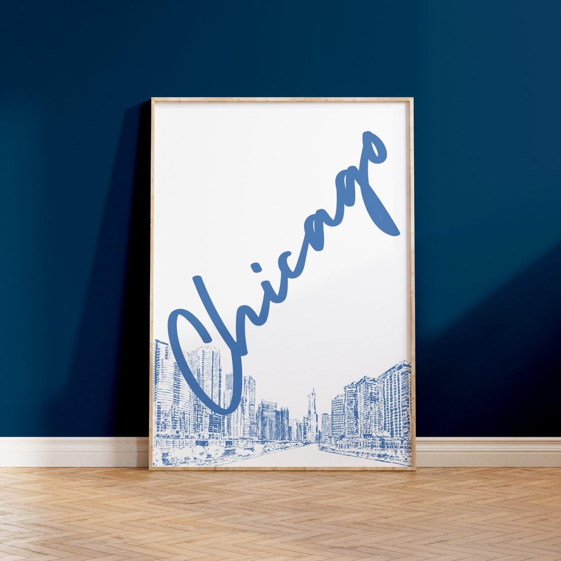 Chicago Blue Script Skyline Line Drawing Travel City Art Poster - Image 2
