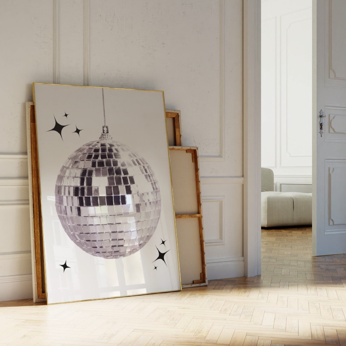 Silver Disco Ball Sparkle Retro Party Black White Dance Poster - Image 2