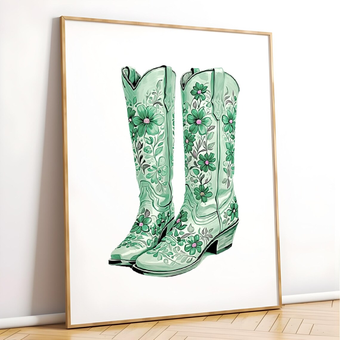 Green Floral Cowboy Boots Poster Western Botanical Art Trendy Decor