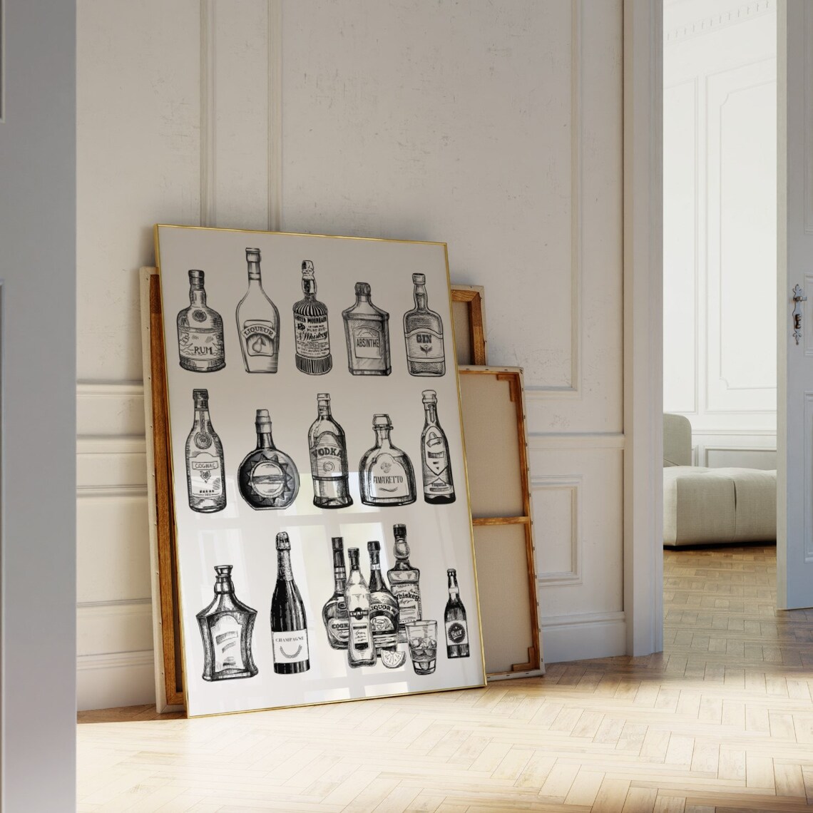 Vintage Liquor Bottle Sketch Bar Cart Home Cocktail Wall Decor Print - Image 4