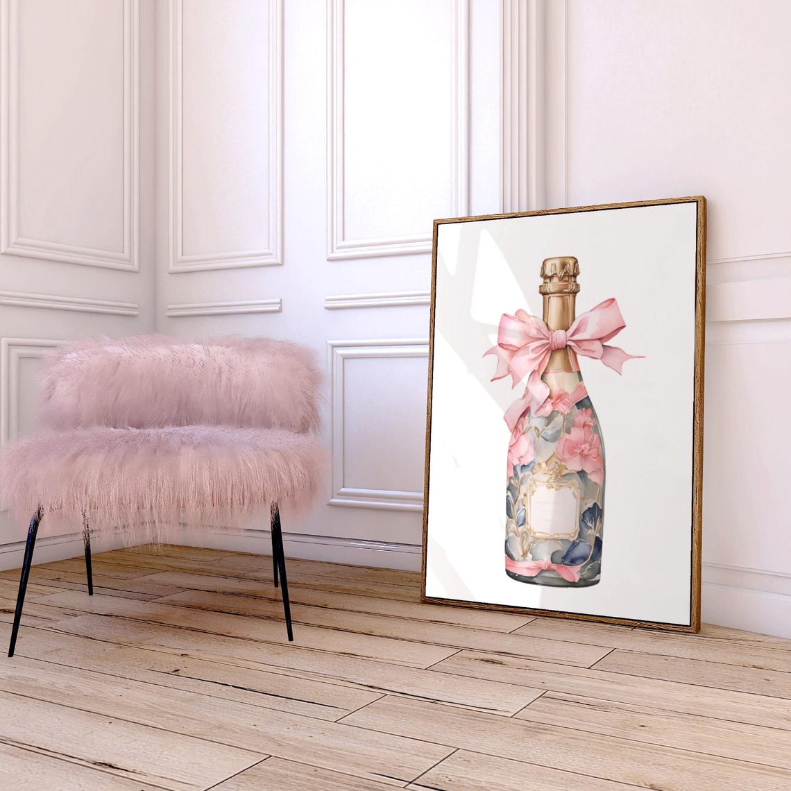 Pink Champagne Bottle Bow Floral Watercolor Bar Cart Art Poster - Image 3