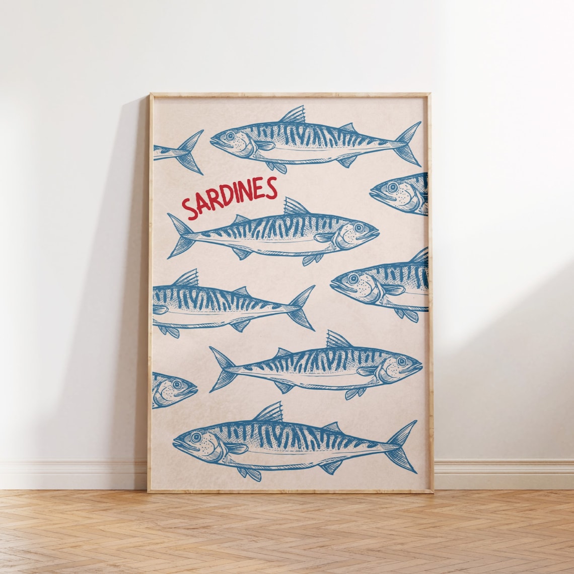 Sardines Vintage Fish Illustration Retro Bold Red Seafood Poster
