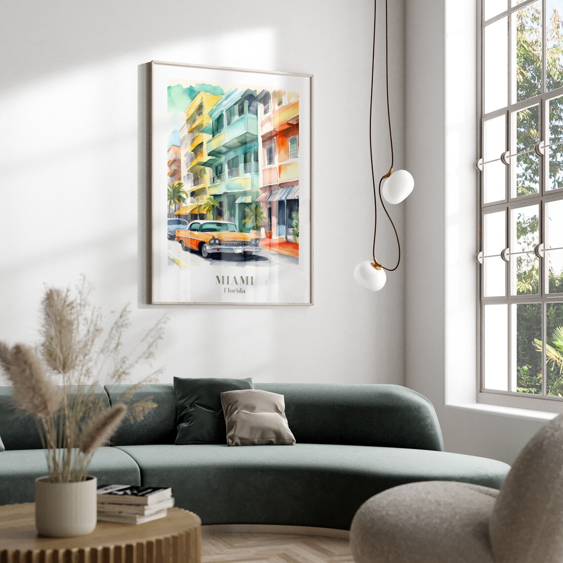 Miami Florida Watercolor Street Scene with Classic Car Travel Poster - Image 2