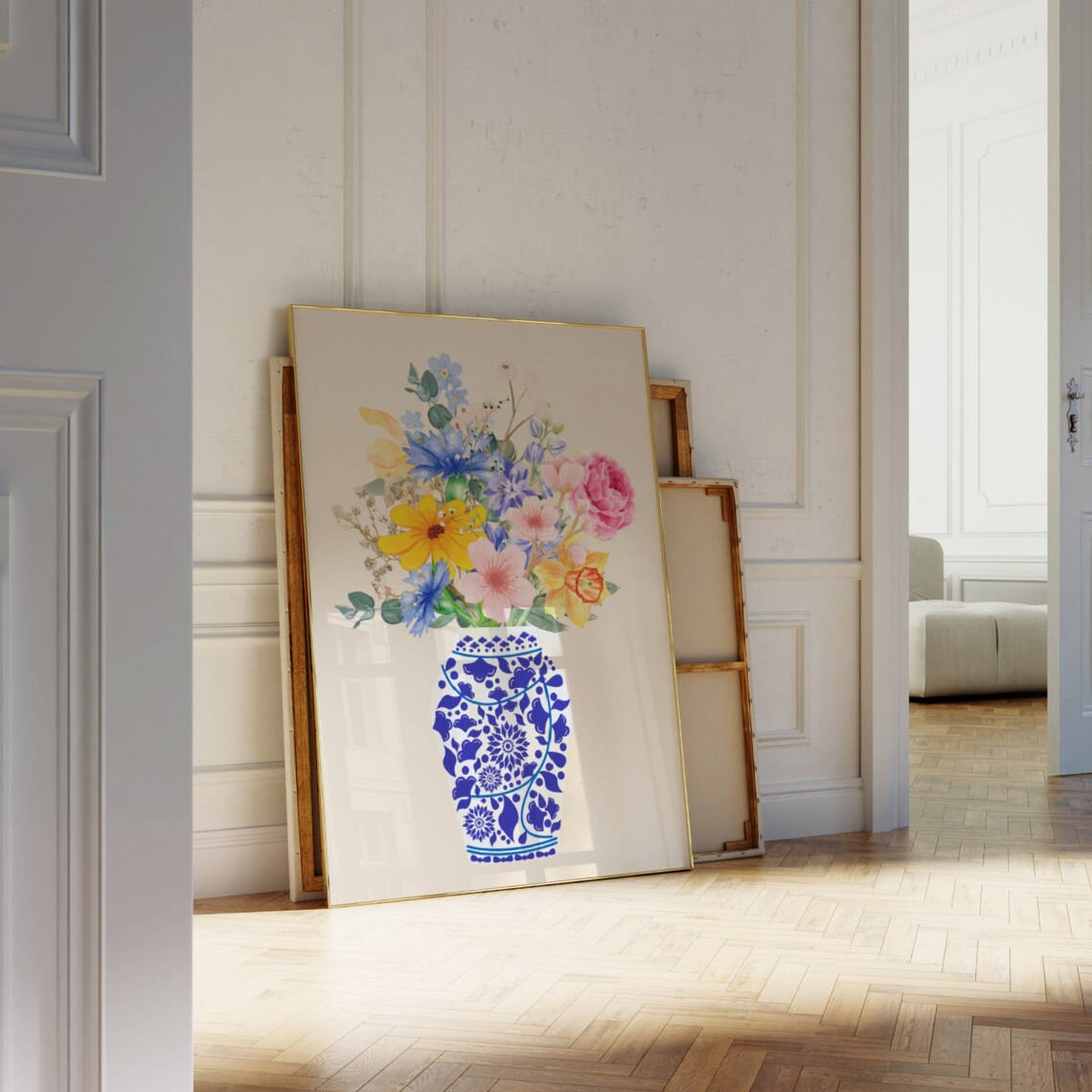 Blue Chinoiserie Vase Watercolor Poster Colorful Wildflower Art Decor - Image 3
