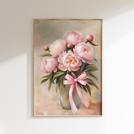 Peonies Bouquet Print Watercolour Boho Wall Art Pink Bow Print Botanical Poster Vintage Floral Oil Painting Nursery Poster