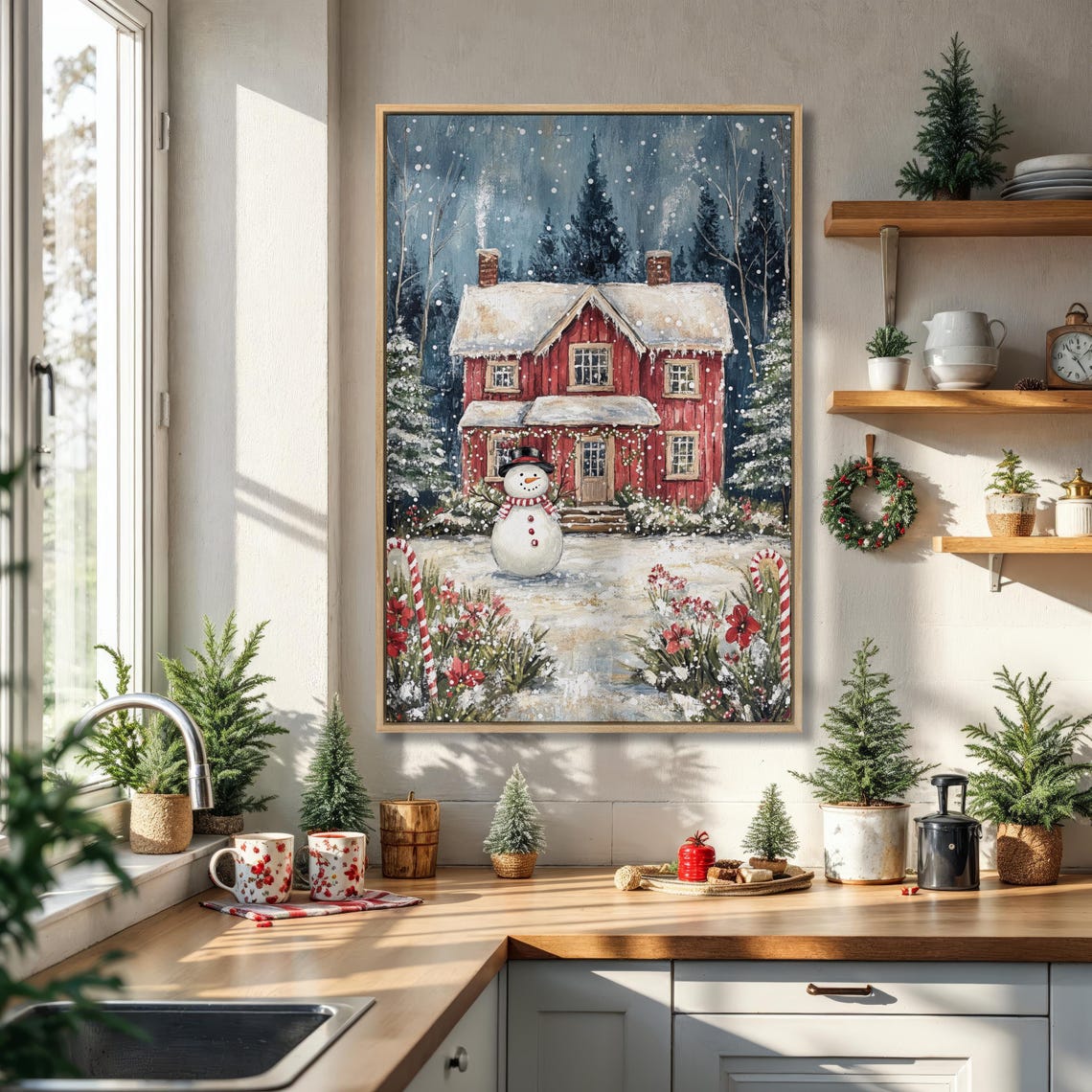 Red House Christmas Poster with Snowman Candy Canes Winter Snow Scene