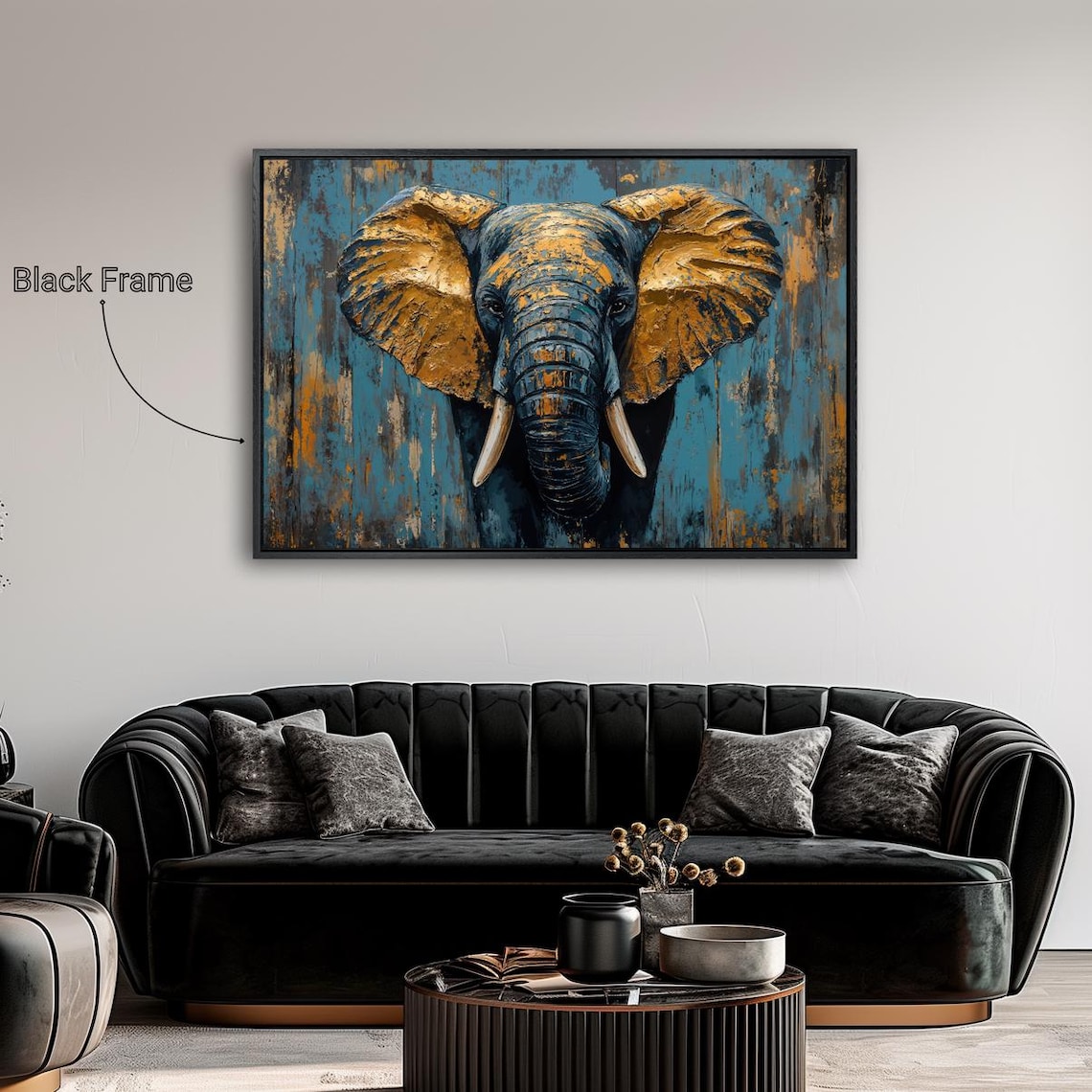 Majestic Elephant Portrait Golden Bronze Ears Blue Texture Background Poster - Image 2