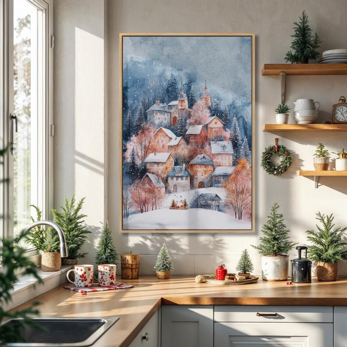 Charming Snowy Village Watercolor Winter Landscape Holiday Poster