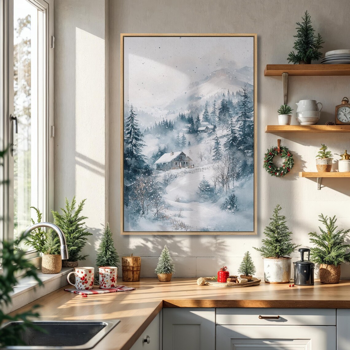 Misty Winter Cabin Nestled In A Snowy Pine Forest Watercolor Print