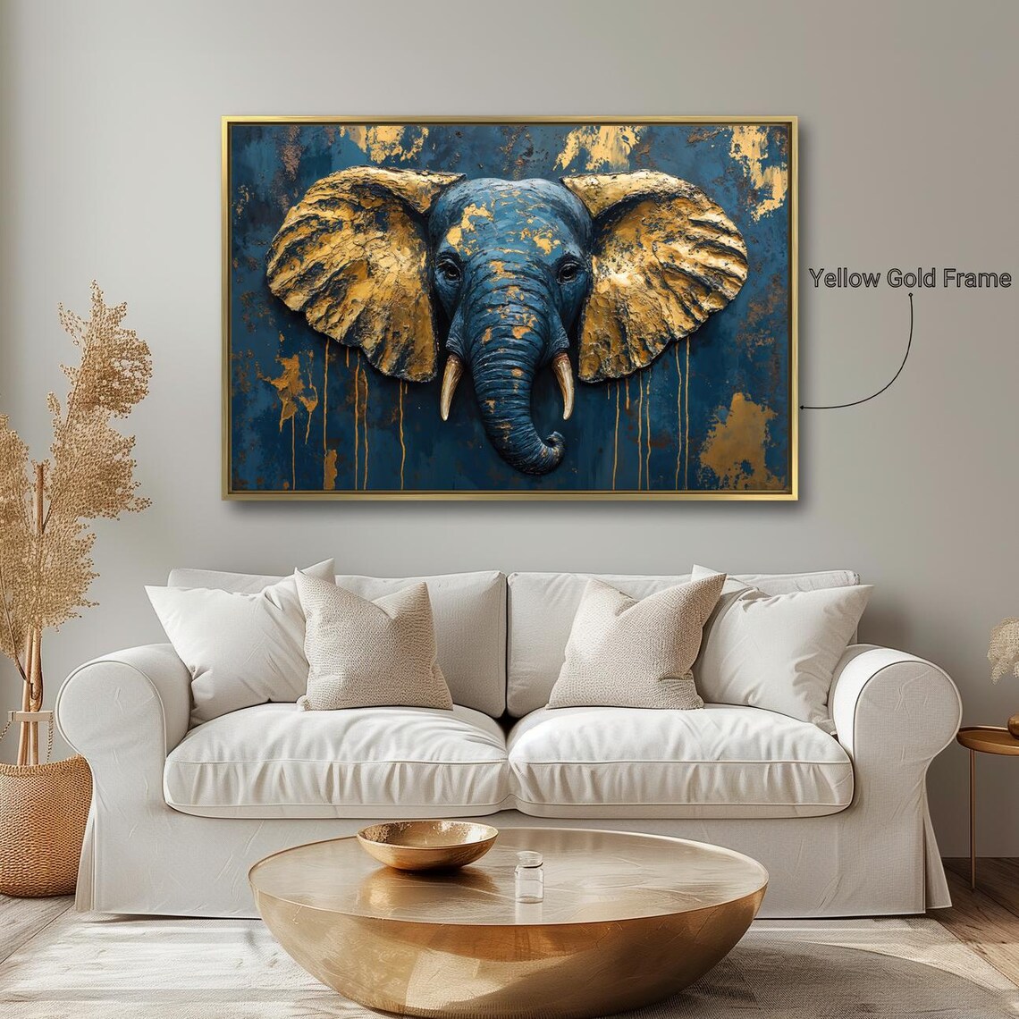 Navy Blue Elephant Head Textured Gold Leaf Ears Abstract Wildlife Portrait Poster - Image 2