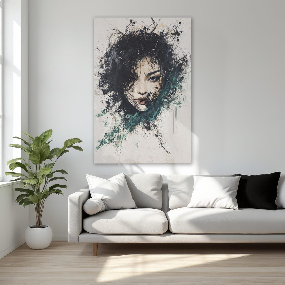 Wild-Haired Woman Teal Splatter Abstract Expressionist Art Poster