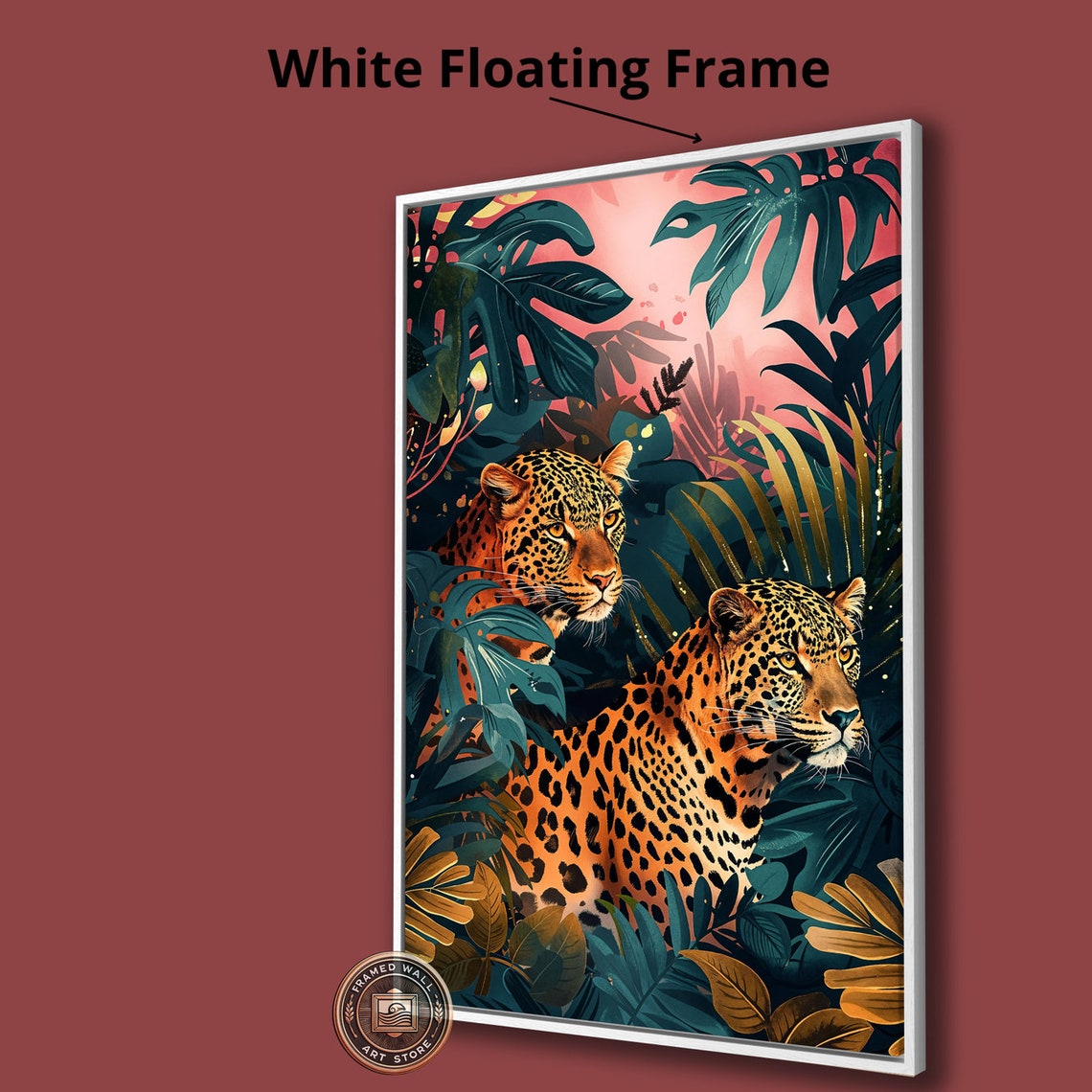 Pair Of Leopards In Lush Tropical Jungle Foliage Sunset Poster - Image 3