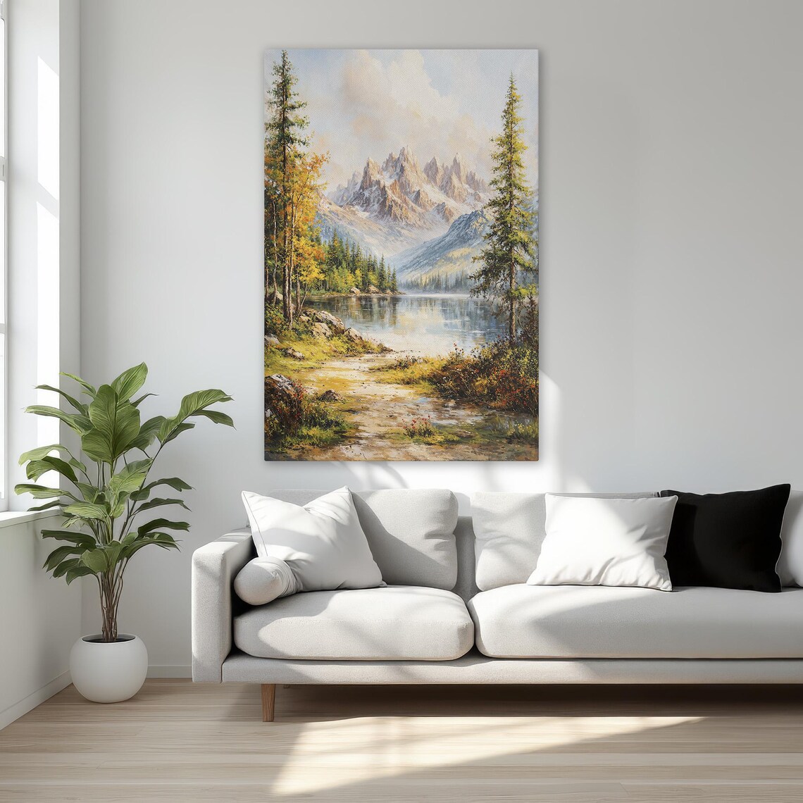 Snowy Mountain Lake Pine Forest Autumn Landscape Painting Wall Art