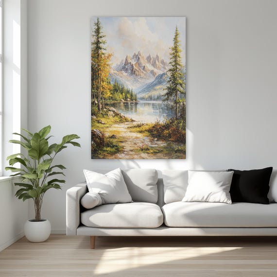 Majestic Mountain Green Forest And Lake Framed Canvas Print Nature Landscape Wall Art Wilderness Decor Ready To Hang