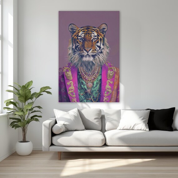 Tiger In Funky Suit Wildlife Print Framed Canvas Abstract Portrait Wall Art Fashion Decor Gift For Him Ready To Hang