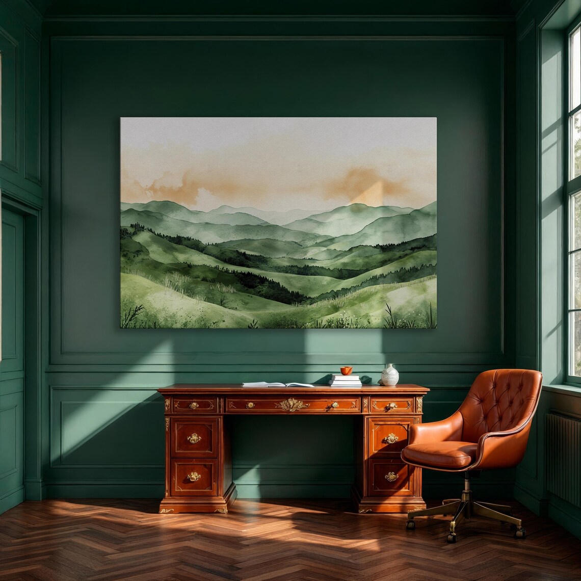 Green Hills Misty Mountains Soft Watercolor Landscape Art Poster