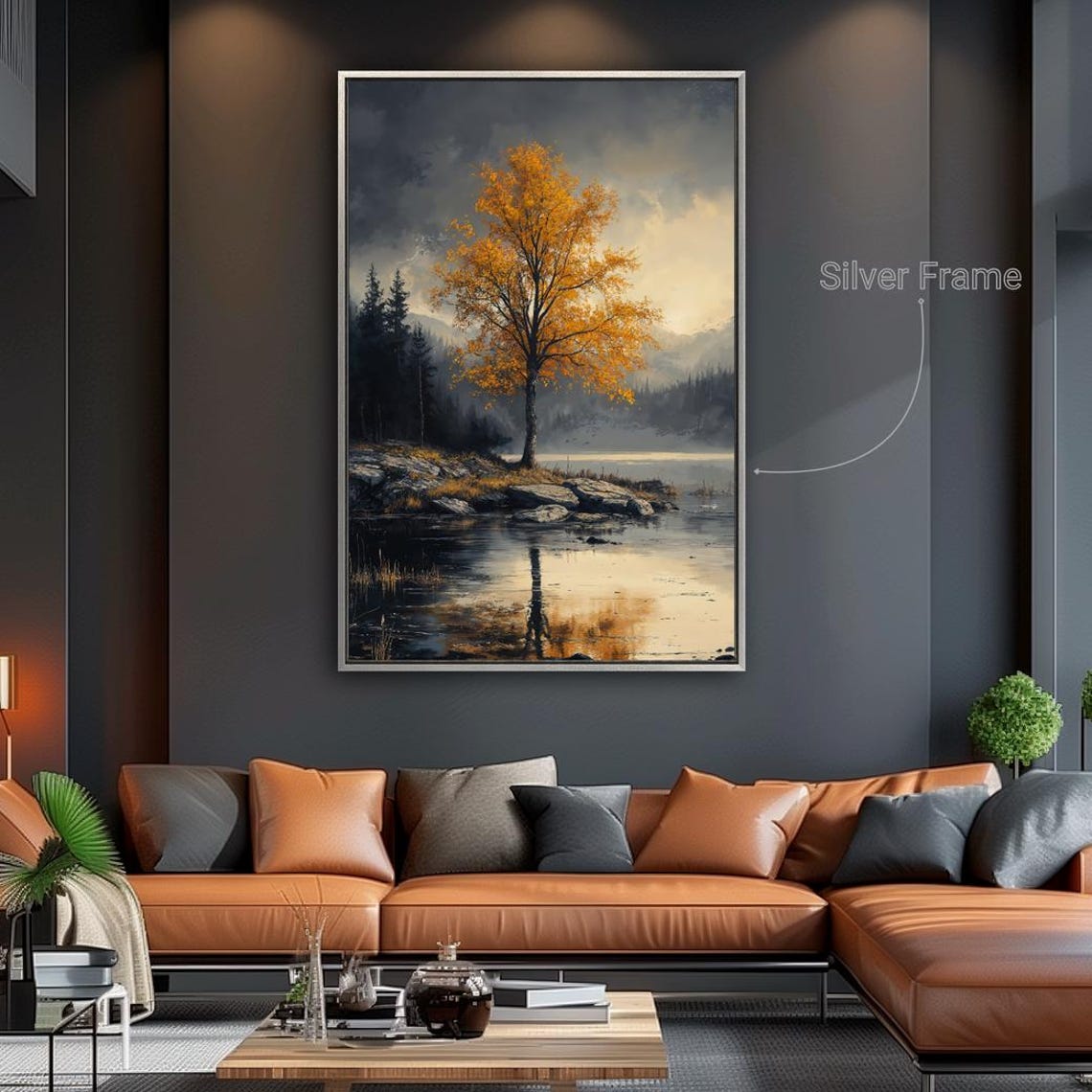Golden Autumn Tree By Lake Rocky Shore Moody Nature Art Poster - Image 5