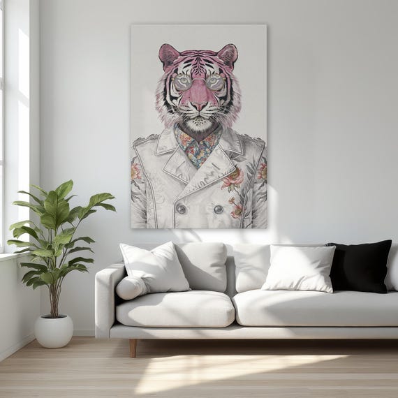 Quirky Tiger Framed Canvas Print Pink In Floral Jacket With Glasses Funny Animal Wall Art Trendy Home Decor Ready To Hang