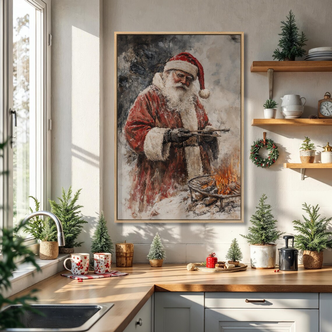 Santa Claus Grilling by Campfire Vintage Christmas Painting Art Poster