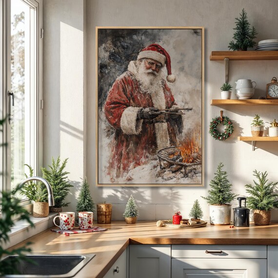 Santa Claus Grilling by Campfire Vintage Christmas Painting Art Poster
