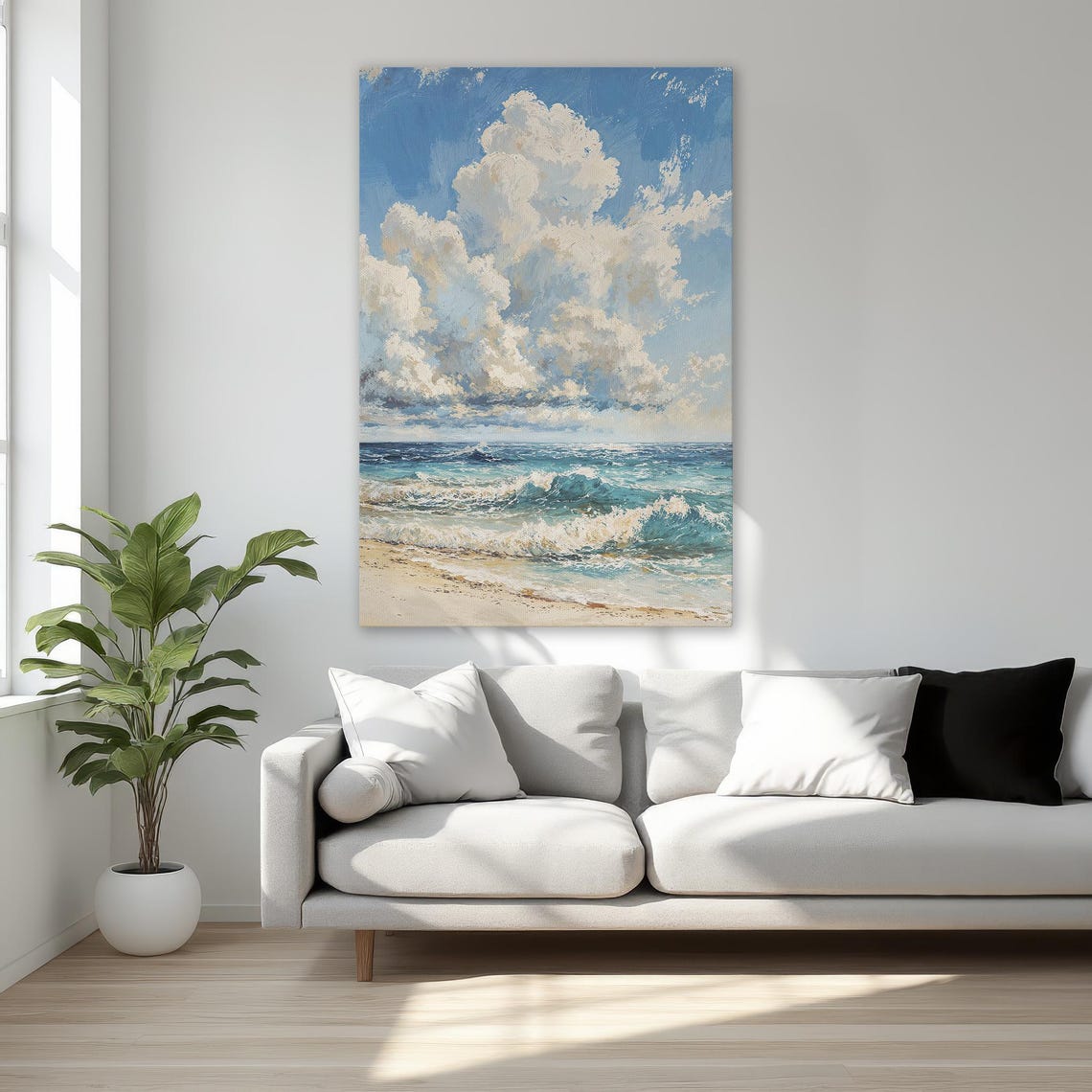 Bright Summer Ocean Waves under a Cloudy Blue Sky Beach Poster