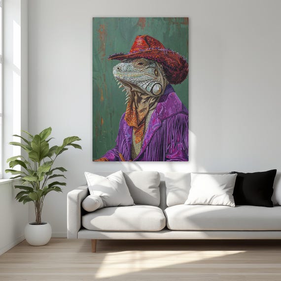 Fancy Iguana Cowboy Framed Canvas Print Vibrant Western Animal Wall Art Quirky Lizard Reptile Decor Ready To Hang