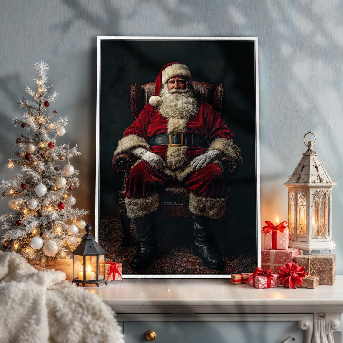 Classic Santa Claus Resting in Armchair Traditional Holiday Poster