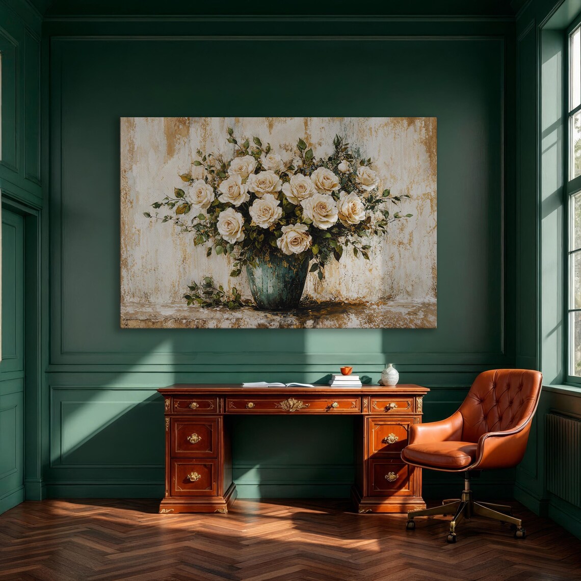 White Roses Bouquet In Vintage Vase Romantic Floral Still Life Poster