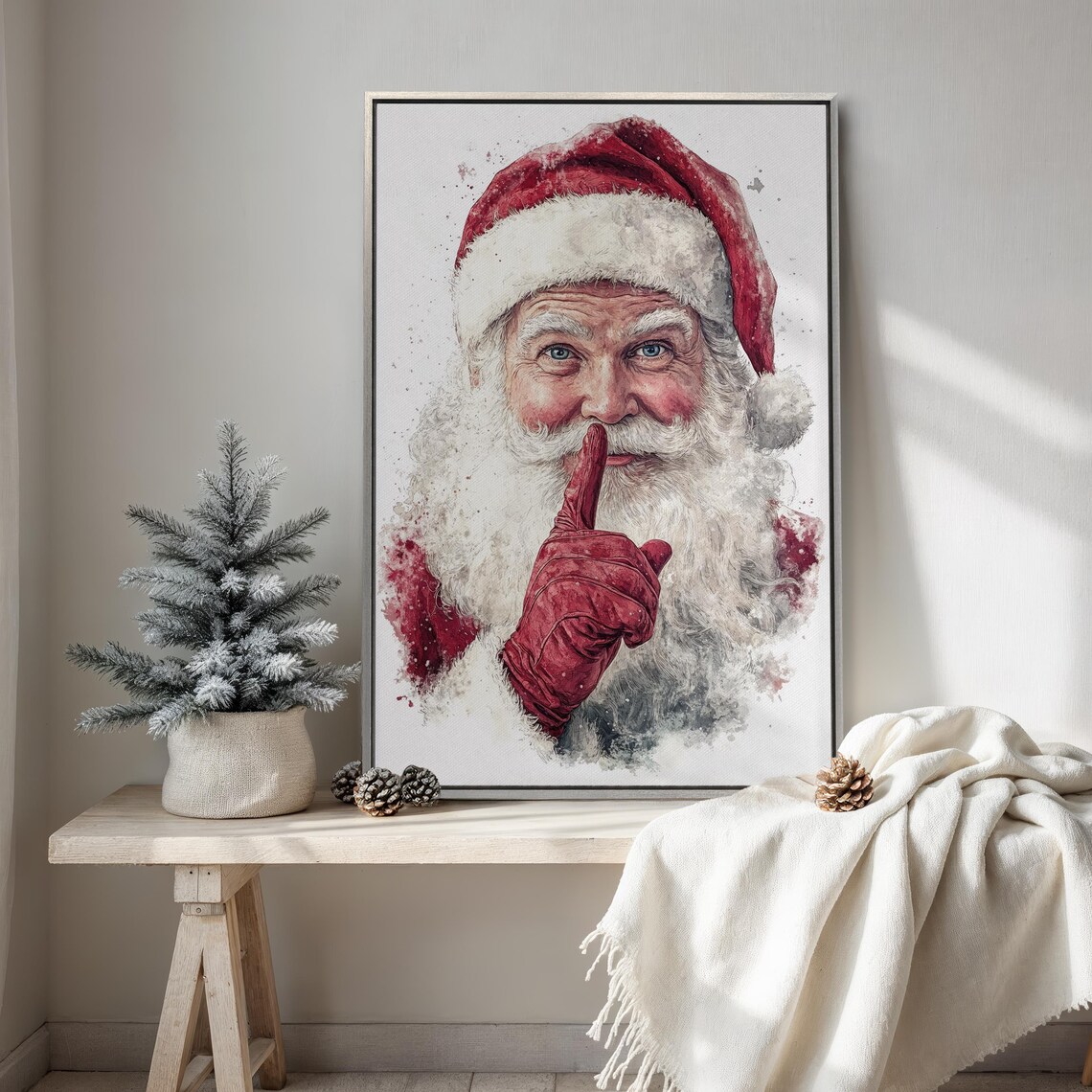 Whimsical Santa Claus Shhh Watercolor Christmas Holiday Poster