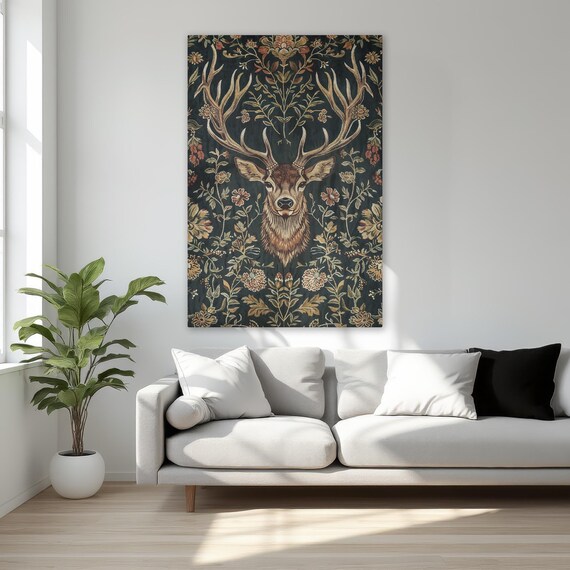 Majestic Deer In Floral Design Vintage Framed Canvas Print Bohemian Animal Wall Art Rustic Home Decor Ready To Hang