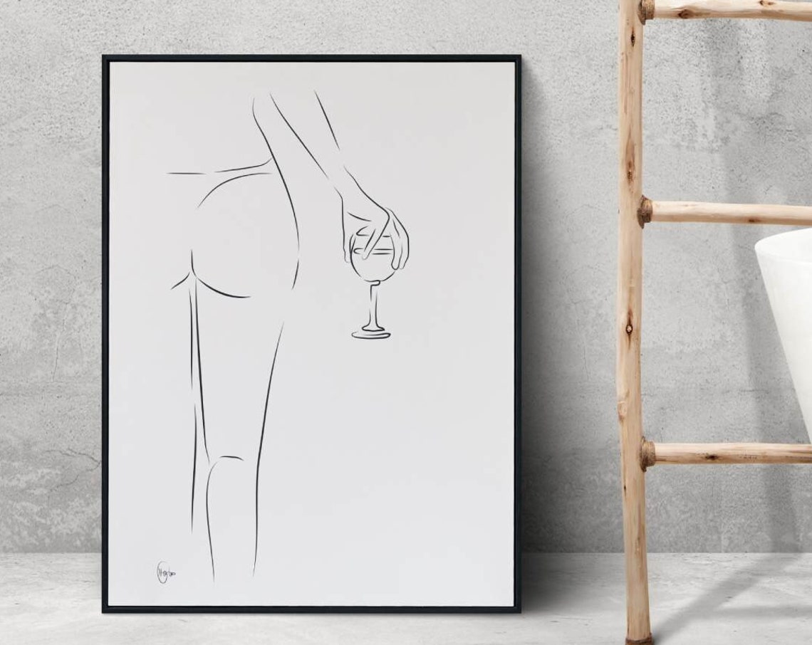 Girl With Wine Glass Nude Female Body Contour Line Art Erotic Nudity Sensual Print Woman Figure Poster